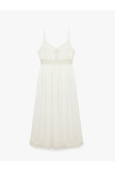 Koton Viscose Fabric, String Straps, Lace Detail, Voluminous Long Dress