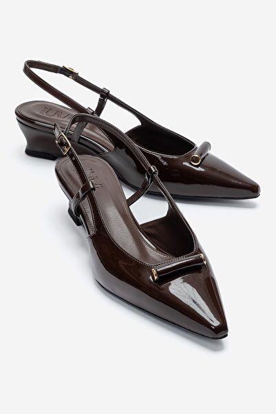 LuviShoes Rhea Brown Patent Leather Buckle Mini Wedge Women's Heeled Shoes