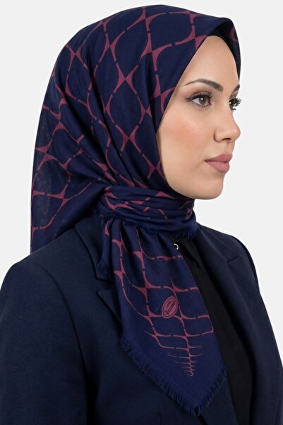 hadiora Women's Navy Blue Pink Geometric Patterned Flared Twill Scarf