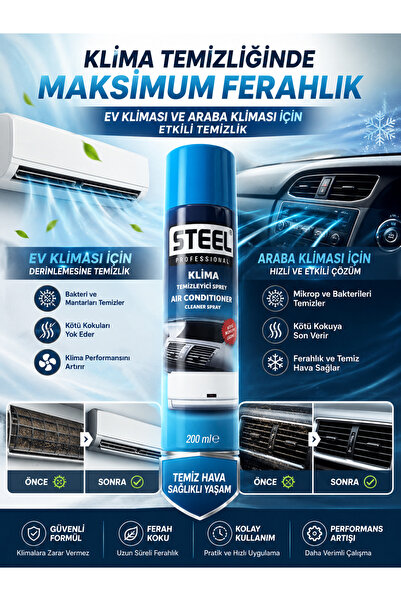 STEEL klima temizleyici sprey 200 ml ev ve araç klima temizleme köpüğü koku g...
