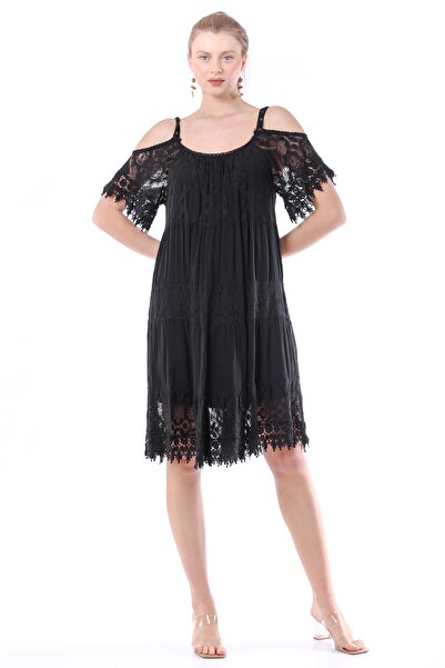 della moor Black Italian Window-Pane Lace Strap Midi Dress Size 38 - 44