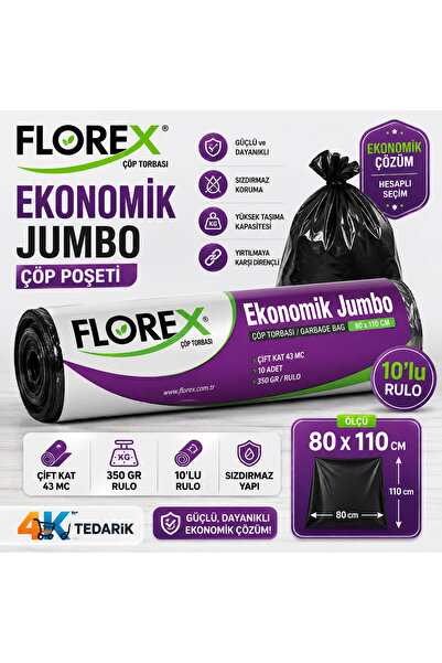 Florex Ekonomik Siyah Büyük Boy Çöp Poşeti 80x110 cm 10'lu Rulo