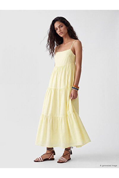 LC Waikiki Rmz Gi̇yi̇m Farkiyla Square Roba Collar Rope Strap Layered Dress