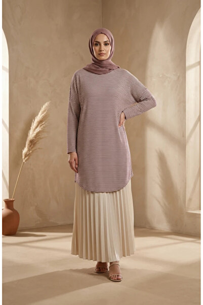 sefamerve Plus Size Relaxed Fit Striped Seasonal Tunic 8771-01 Bitter Brown