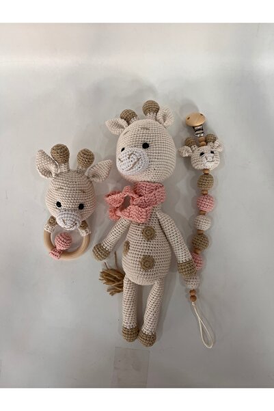 TOIVOS El Yapımı Amigurumi Zürafa Bebek Seti | Örgü Oyuncak + Emzik Klipsi + ...