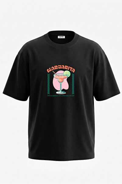 Anetos Tricou oversize negru din bumbac cu imprimeu Margarita Design pe spate