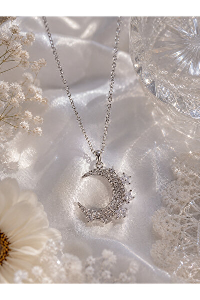 Sylvera Shop Night Glow Moon & Star Steel Necklace (Silver Color)