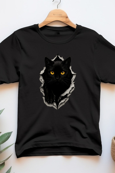 LexasUs Ripped Effect Black Cat Printed Unisex T-Shirt - Special Cat-Themed D...