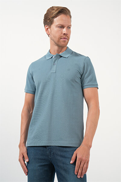 İmza Blue Polo Collar Pique Short Sleeve Slim Fit Cotton T-Shirt 1011260170