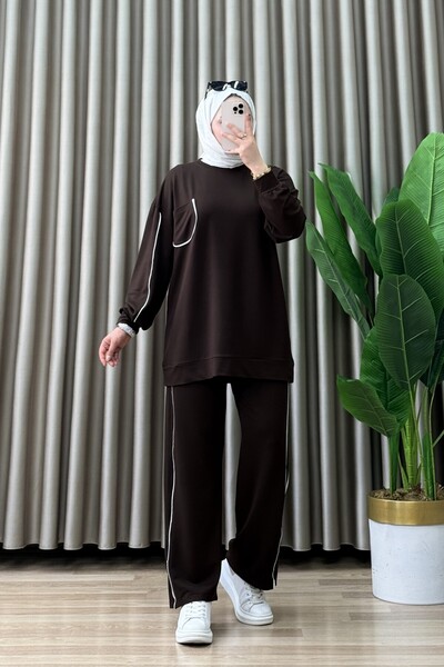mercan moda ELANUR TAKIM Kristal Kumaş Cep Detaylı Pantolonlu Tesettür Takım ...