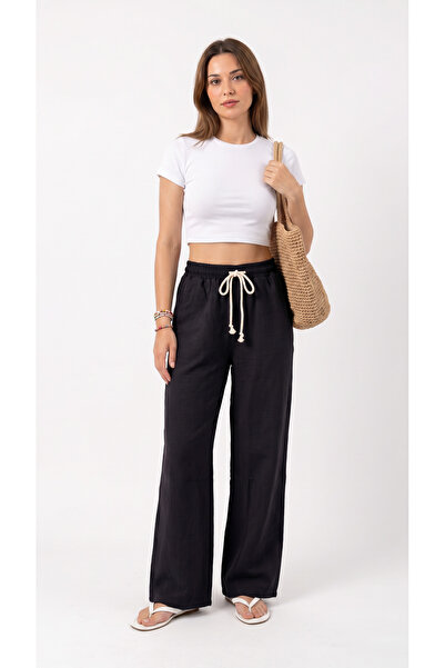 BETES Women's Black Palazzo Muslin Linen Trousers with Pockets