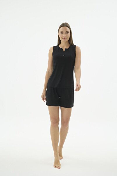 Sevim Women's Zero Sleeve Camisole Shorts Black Summer Pajama Set C7T4N471