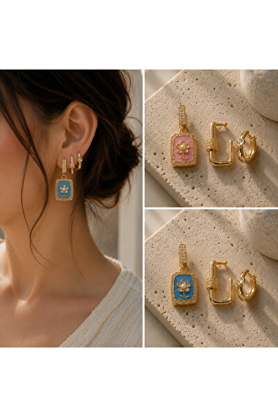 ADELYA CONCEPT Flower Detailed Sparkling Gold Color Women's Earring Model