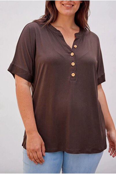 civetta Hakimyaka Plus Size Buttoned Blouse Brown