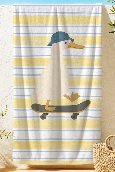 Evimde Bambaşka Duck with Skateboard Striped Kids Beach Towel - Marine Yellow Blue Children's Quick Dry Microfiber Towel