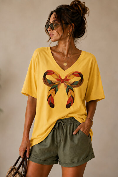 ArtYus Bowknot Printed V-Neck Casual Unisex Oversize T-Shirt Cotton Casual T-...