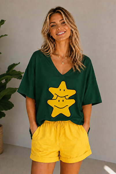 ArtYus Tricou oversize unisex cu decolteu în V și imprimeu cu stele duble – T...