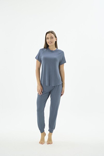 Sevim Women's Short Sleeve Petrol Jogger Pajama Set C3T1N571