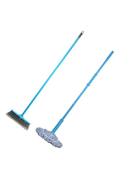 Clean and Care مجموعة تنظيف متكاملة: مكنسة وممسحة دوارة بمقبض حديدي طويل وشعي...