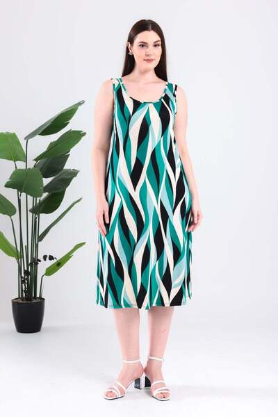 Madwilo Rochie de damă, verde și albă, cu model abstract, cu bretele, mărime ...