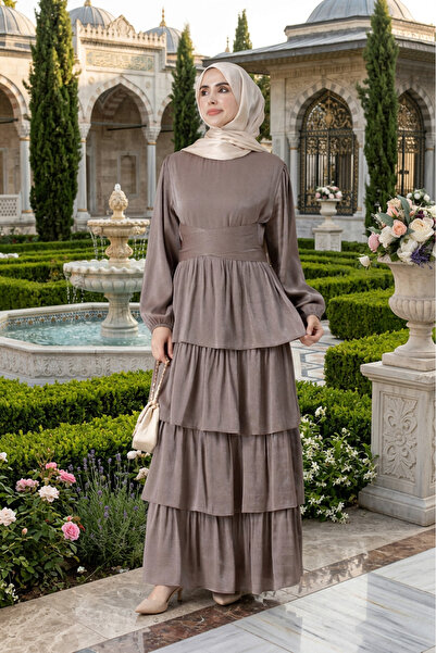 Sevitli Layered Detailed Belted Alina Hijab Evening Dress-Brown