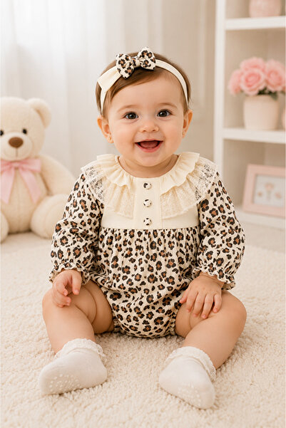 bebekyol Leoparlı Kız Bebek Müslin Romper
