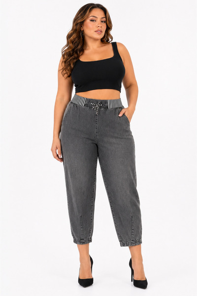ZANESSI Plus Size Tensel Mom Elastic High Waist Lace-Up Women's Trousers