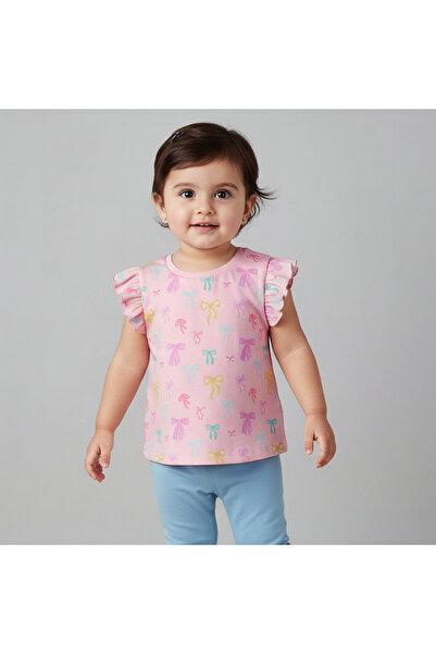 Juniors Crew Neck Short Ruffle Cap Sleeves T-shirt with Stripes