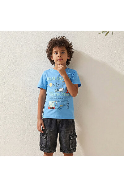 Juniors تي شيرت برقبة دائرية وأكمام قصيرة مع طباعة تصميمات بنمط البناء