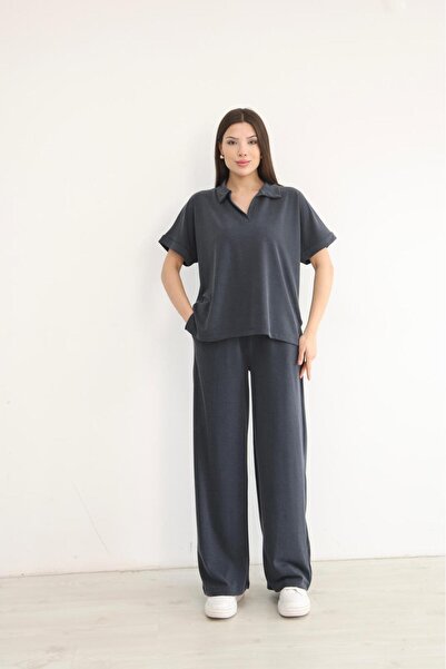 Mersella Softline Women's Polo Collar Bloom Fabric Double Set Cotton Relaxed ...