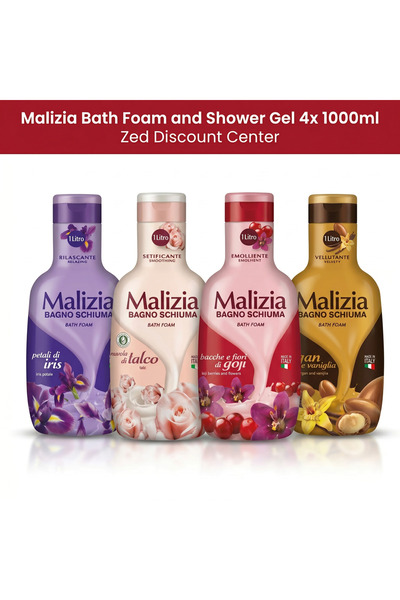Malizia Spumă de baie și Gel de duș 4x 1000ml - Argan și Vanilie + Fructe de ...