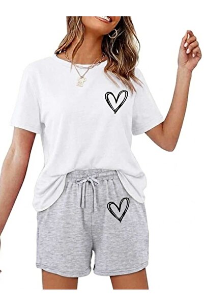Gutsy T-Shirt Shorts 2-Piece Combination Thin Summer Minimal Heart Printed Wo...