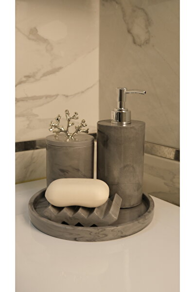 BeeCandleHome Gri Mermer Desenli Katı Sabunluklu 5’li Banyo Seti - Gümüş Renk...
