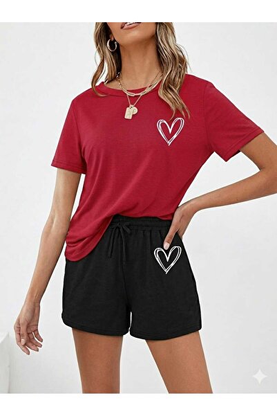 Gutsy T-Shirt Shorts 2-Piece Combination Thin Summer Minimal Heart Printed Wo...