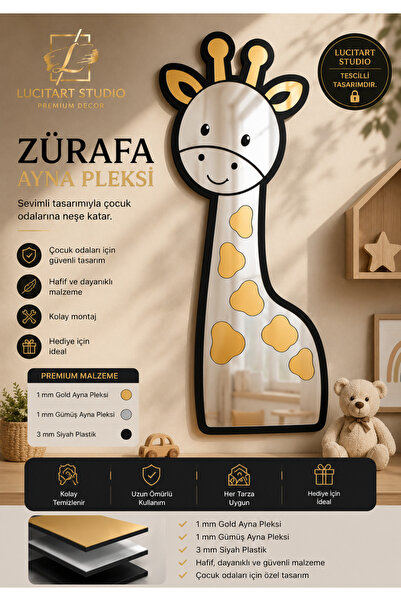 LucitART Zürafa Aynalı Pleksi Duvar Dekoru 40x19 cm | Çocuk & Bebek Odası Dek...