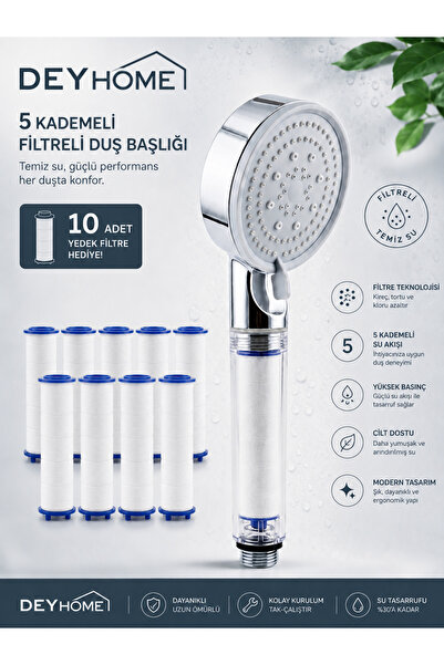 DEYHOME 5 Kademeli Filtreli Duş Başlığı – Yüksek Basınçlı Tasarruflu Duş Başl...
