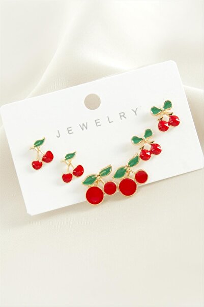 Generic Brand Svl-Shop 6 Pieces Cherry Enamel (234951) Metal Earrings-Red