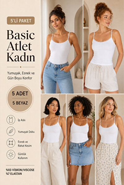 Loule Women's Viscose 5-Piece Undershirt with Rope Straps & Lace Detail