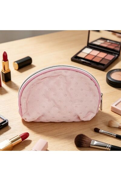 idei Geantă Cosmetică Semirotundă Tip Scoică din Pânză Moale Roz Pastel cu Em...