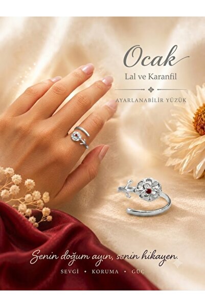 Gümüşistan 925 Ayar Gümüş Ocak Ayı Lal & Karanfil Doğum Çiçeği Yüzüğü