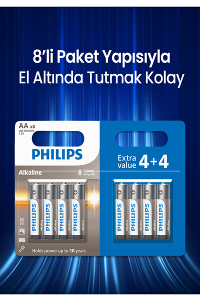 Philips Alkaline Aa Kalem Pil 1.5V - LR6A8BP/10 - 8'li Avantaj Paket (4+4)