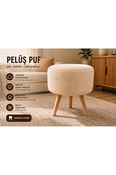 SAYRA HOMES Peluş Puf Koltuk 3 Ahşap Ayaklı Dekoratif Puf Tabure Ayak Uzatma ...