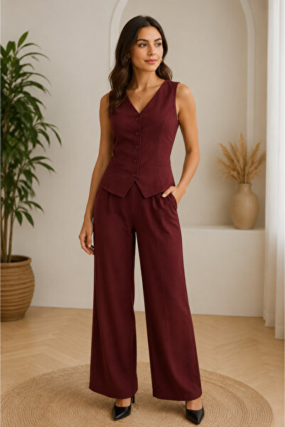Kokosh moda Women's V-Neck Buttoned Front Vest Blouse and Trousers Linen Two-...