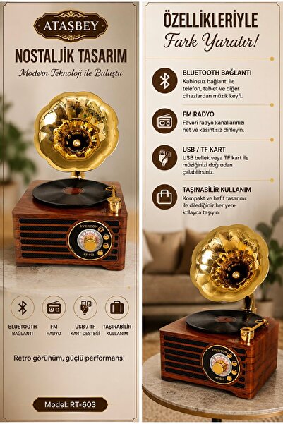 RT-603 Classic Retro Nostalgia Bluetooth/USB/Sd/ Radio Mp3 Player Jukebox with Custom Record and Gramophone Design