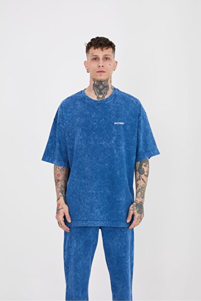 Machinist Tricou oversize de bază lavabil pentru bărbați, cu efect indigo