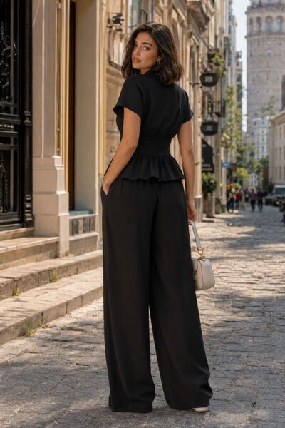 İpli Kadın V Yaka Düğmeli Peplum Bluz Bol Paça Pantolon Takım