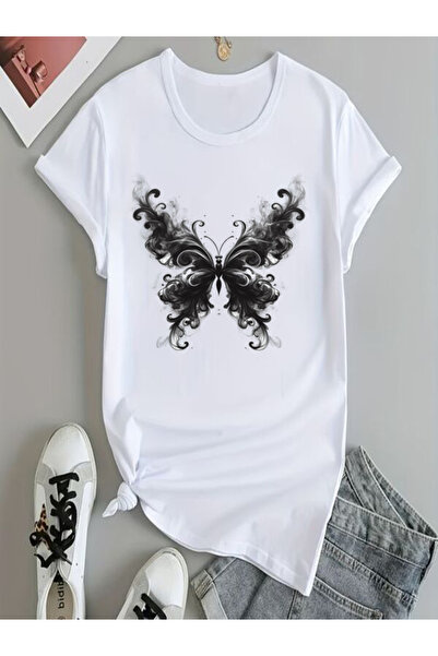 COZYWEAR Black Butterfly Printed White Oversize T-Shirt