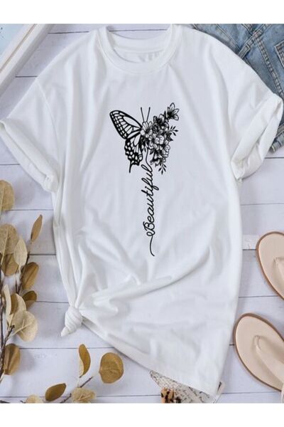 COZYWEAR Flower and Butterfly Printed White Oversize T-Shirt