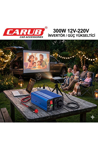 Carub Oto İnvertör 12V'den 220V'a Dönüştürücü 300 Watt - Kamp ve Karavan Tipi + 24 ay garantili