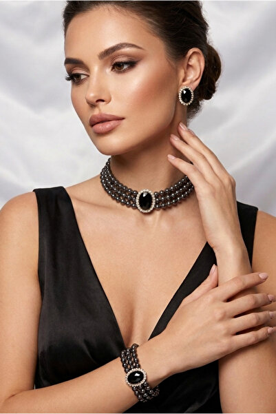 Happyline Oval Siyah Taşlı Füme Boncuklu Choker Set Takım, Füme Boncuk Kolye ...